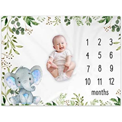Baby Monthly Milestone Blanket Elephant, Safari Elephant Baby Photo Blanket, Gift for New Moms Baby Shower, Watch Me Grow Baby Boy Greenery Elephant Nursery Décor, includes Marker (50"x40")