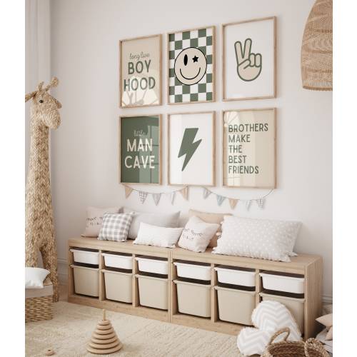 Set of 6, Little Man Cave, Long Live Boyhood, Green Neutral Nursery, Checkered nursery Poster, Baby Boys Kids Room Decor, shared room decor