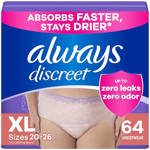 Always Discreet Adult Incontinence Underwear for Women and Postpartum Underwear, XL, Up to 100% Bladder Leak Protection, 64 Count (Packaging May Vary)