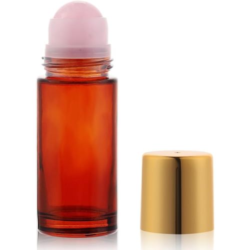 1.7oz Large Amber Glass Roll on Bottles for Essential Oils Perfume Refillable Roller Ball Applicator Empty Deodorant Containers with Pink Crystal Rollerball