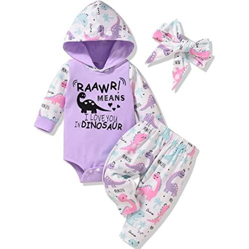 Newborn Infant Baby Girl Dinosaur Outfit Long Sleeve Hoodie Romper Bodysuit and Pants with Headband Set