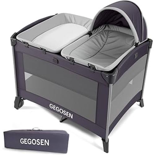 Portable Baby Playard 4 in 1 Design, Foldable Baby Playpen with Removable Bassinet, Canopy and Changing Table, Infant Playrad, Nursery Center Travel Crib