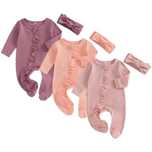 Merqwadd Baby Girl Zipper Pajama Footies 3 Pack Ruffle Sleeper Coming Home Infant Cotton Clothes
