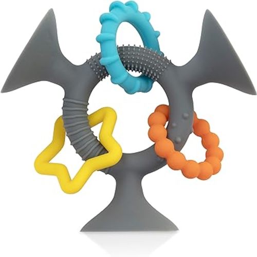 Nuby Silly Three Prong Interactive Suction Toy with Colorful Rings, Gray