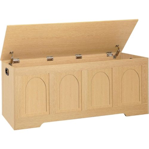 DINZI LVJ Storage Chest, 47.2”Wooden Storage Box with 2 Safety Hinges, Entryway Shoe Bench with Flip-Top, Large Trunk for Living Room, Bedroom, Easy Assembly, Natural