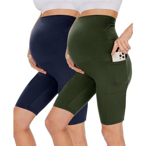 UBCUTE 2 Pack Women's Maternity Biker Shorts with Pockets-High Waist Black Workout Yoga Comfy Pregnancy Pants Over Belly