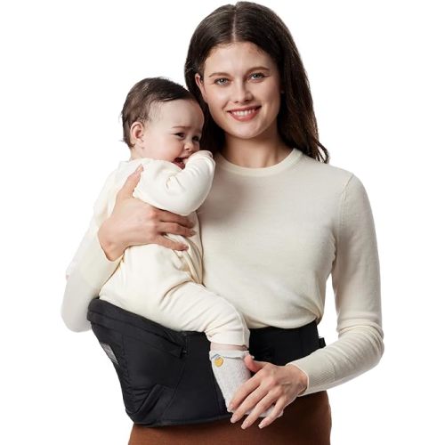 Momcozy Hip Seat Baby Carrier - Adjustable Waistband with Original 3D Belly Protector, Ergonomic Carrier with Various Pockets for Newborns & Toddlers up to 45lbs (Black, Large)