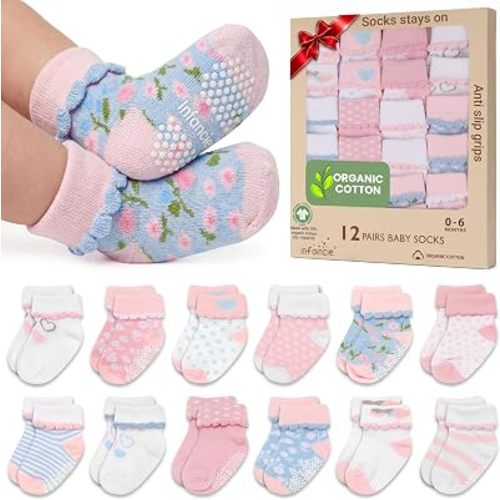 GOTS Organic Cotton Blend 12 Baby Newborn Socks 0-6 M Girl Non Slip Gift