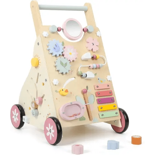 Wooden Baby Walker, Baby Push Walker, Push Walker Toys for Babies Learning to Walk & Sit-to-Stand, with Montessori Sensory Toy & Activity Center for Girls Boys