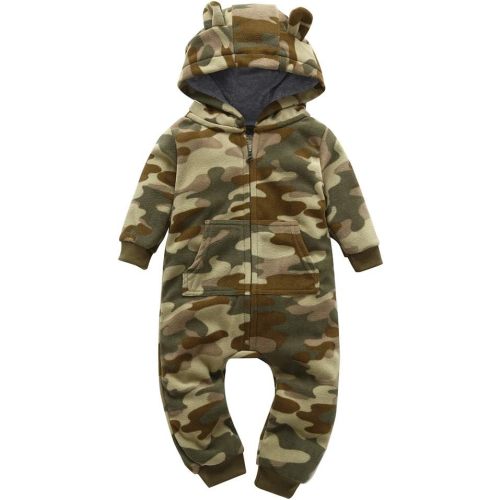 Toddler Baby Boys Girls Camouflage Bodysuit Hooded Pocket Long Sleeve Rompers Fleece Newborn Zipper Jumpsuit