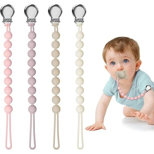 Pacifier Clips for Baby Girl Boy, Silicone Binky Holder for MAM Pacifiers, Baby Newborn Essentials Shower Birthday Gift (4-Pack)