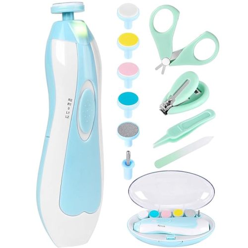 Baby Nail Trimmer Electric-12 in 1 Baby Nail Clippers Safe Baby Nail File Kit with a Nail Clipper, Scissor, Tweezers, and Nail Files (Blue+)