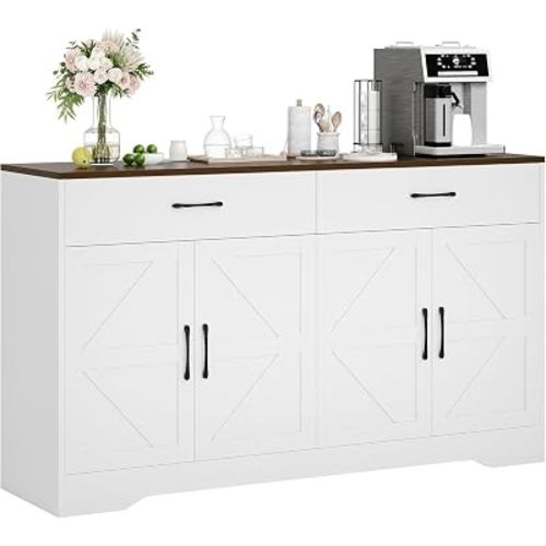 Sideboard Buffet Cabinet with Storage, 55.1" Large Kitchen Storage Sideboard with Drawers & Doors, Modern Wood Farmhouse Coffee Bar Cabinet, Buffet Table for Kitchen, Living Room, White, 55.1INCH