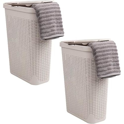 Mind Reader 40L Slim Laundry Hamper, Clothes Basket, Lid, Wicker Design, Plastic, 18"L x 10.4"W x 23.5"H, Set of 2, Ivory
