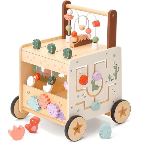 PairPear Wooden Baby Walker,6 in 1 Dinosaur Play Walker Adjustable Speed Push Cart with Brake & Shape Sorter,Natural Solid Wood Activity Center Toy for Toddlers 12M+
