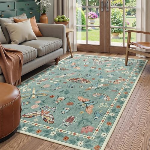 Beeiva Insect Print Rug 5x7, Washable Large Area Rugs for Living Room Non Slip, Boho Soft Low Pile Ultra Thin Soft Carpet for Office, Bedroom, Kids Room, Playroom - Light Green
