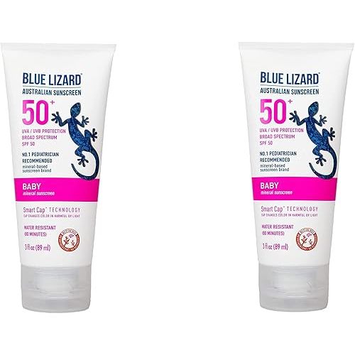 BLUE LIZARD Baby Mineral Sunscreen with Zinc Oxide, SPF 50+, Water Resistant, UVA/UVB Protection with Smart Cap Technology - Fragrance Free, 3 Ounce Tube (Pack of 2)