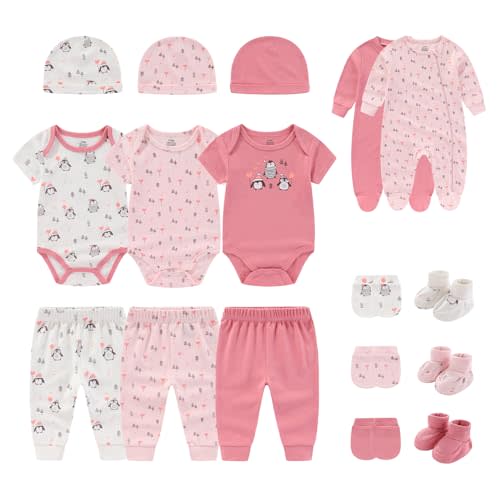 BIGBIGKISS Newborn Baby Clothes Unisex Infant Boy Girl Bodysuits and Pants Set 17 Pack Cotton Romper and Accessorie