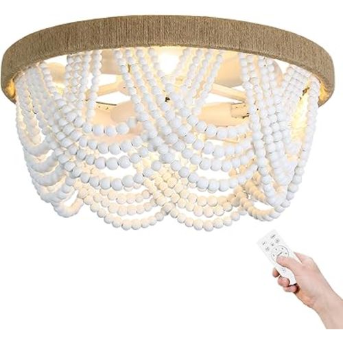 Boho Ceiling Fan with Light and Remote, 20‘’ Wood Beads Flush Mount Ceiling Fans with 6 Speeds, Bohemian Caged Fandelier Chandelier Fan for Nursery Bedroom Living Room