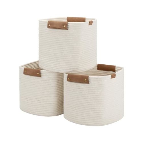 StorageWorks 11x11x11 Woven Baskets - 3 Pack, Cotton Rope Baskets with Leather Handles, White - Cube Storage Organizer for Bedroom, Nursery Room, Living Room