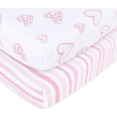 Biloban Crib Sheets Fitted, 2 Pack Crib Sheet Fits for Standard Crib and Toddler Mattress, 100% Jersey Knit Cotton Crib Sheet for Baby Boys & Girl, Pink Heart Stripes