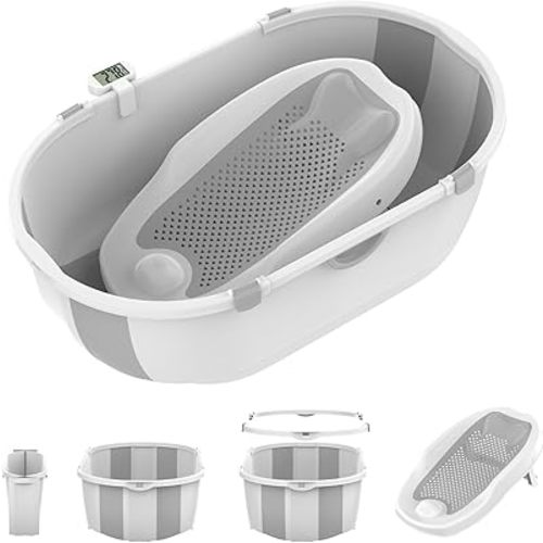Collapsible Baby Bathtub with Bath Stand,Baby Bath Tub with Thermometer and Drain Outlet, Durable and Essential Baby Bathtub, Suitable for Babies from 0-5 Years Old to Toddlers(Grey)
