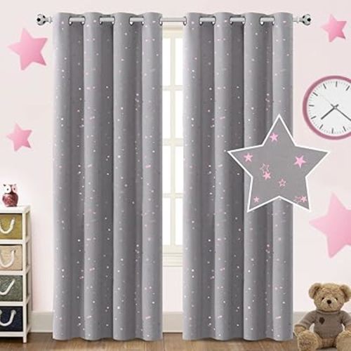 PrinceDeco Blackout Kids Curtains for Bedroom Thermal Insulated Pink Twinkle Star Curtains for Boys Girls Antique Grommet Top Window Treatment 2 Panels Drape for Nursery (52" W x 84" L, Grey/Pink)
