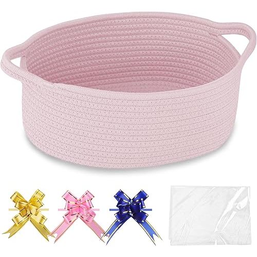 COMSE Small Woven Basket with Gift Bags and Ribbons, Gift Basket Empty, Cotton Rope Storage Organizer, Baby Toy Box with Handles, 12" x 8" x 5", Light pink