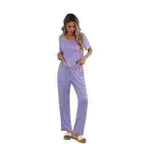 Qylux Women's Pajama Set Short Sleeve Adjustable Long Pants Sleepwear Set Soft Two Piece Matching Set with Pockets,Light Purple,M
