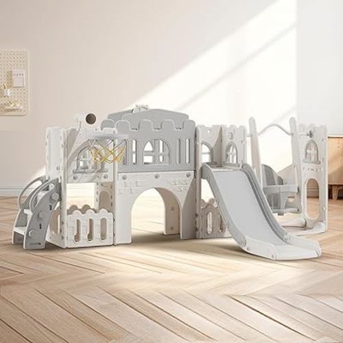 Toddler Slide Indoor with Basketball Hoop and Swing 10 in 1 Outdoor Slide Playset Playground for Kids