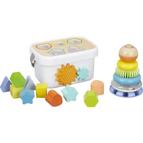 Amazon Basics Wooden Shape Sorter and Rainbow Stacker Classic Baby Toy Set-Sorting Play For Infants Age 12M+, Medium, Multicolor