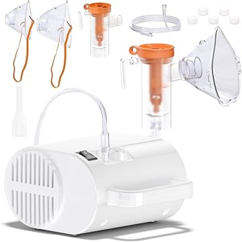 Portable Nebulizer Machine for Adults and Kids, Professional Handheld Inhaler Mist Breathing Compressor System Kit with Adjustable Cup, Adult and Kid Mask, Mouthpiece, Tubing for Home and Travel Use