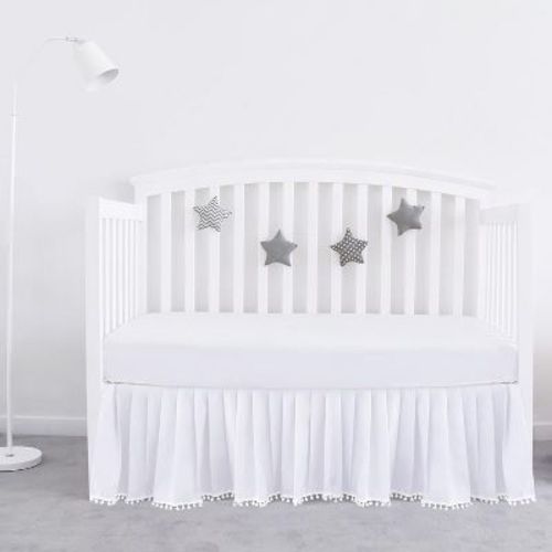 Biloban Crib Skirt - Dust Ruffle with Lovely Pompoms, 14" Drop, White (for Standard Crib/ Toddler Bed)