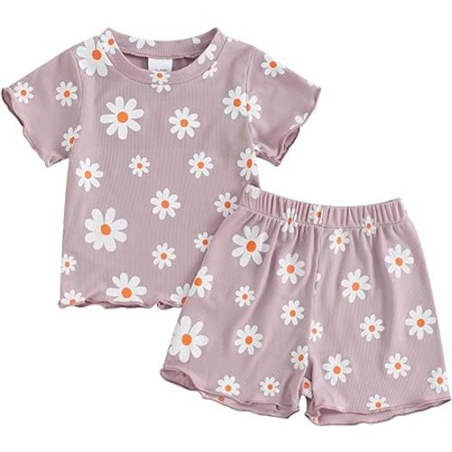 Fernvia Toddler Baby Girl Summer Clothes 3 6 9 12 18 24 Months Cotton Outfits Short Sleeve Contrast T-Shirts Tops Shorts Sets
