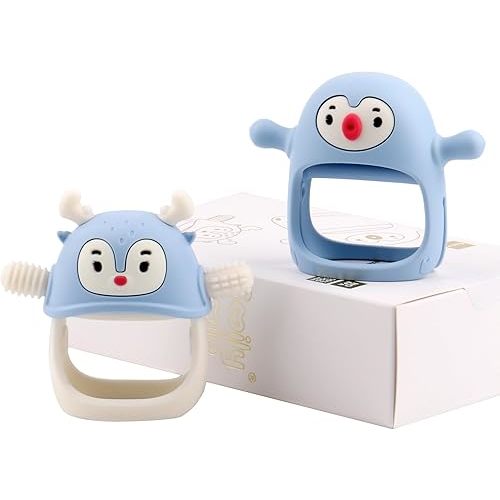 Smily Mia Penguin and Reindeer 2Pack Baby Teething Toys Gift Set for 0-18Months Babies