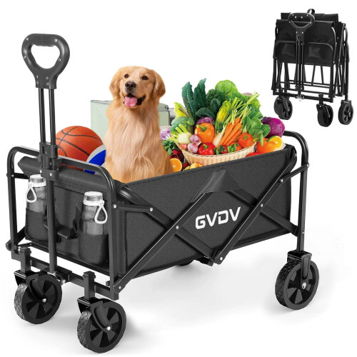 GVDV Collapsible Wagon Cart, Portable Utility Wagon for Camping, Beach, Picnic, Shopping, Sports, and Grocery Transport, Black