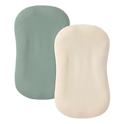 guruixu Muslin Baby Lounger Cover 2 Pack, 100% Cotton Infant Lounger Cover, Soft & Breathable Replacement Slipcover, Compatible with Snuggle Me Newborn Lounger (Roman Green,Cream)