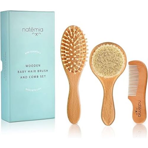 Natemia Baby Hair Brush and Comb Set for Newborn - Wooden Baby Hair Brush and Comb Set, Baby Hair Brush and Comb Set, Soft Bristle Hair Brush Baby, Toddler Cradle Cap Brush, Baby Brush