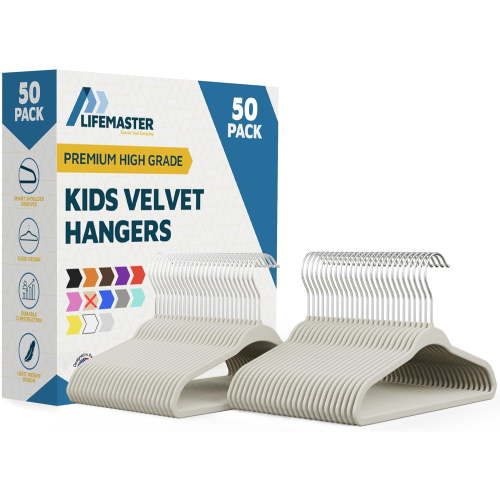 Lifemaster Velvet Kids Hangers, 50-Pack Non-Slip Baby & Toddler Clothes Hangers, Slim Space-Saving with Swivel Hook, Ivory