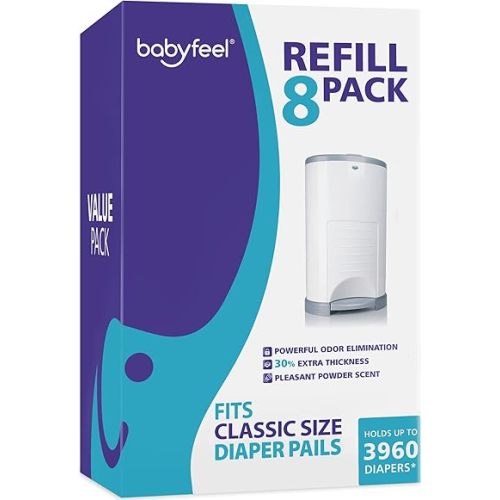 Babyfeel Refills Compatible with DEKOR CLASSIC Diaper Pails | 8 Pack | Exclusive 30% Extra Thickness | Diaper Pail Refills with Powerful Odor Elimination | Powder Scent | Holds up to 3960 Diapers