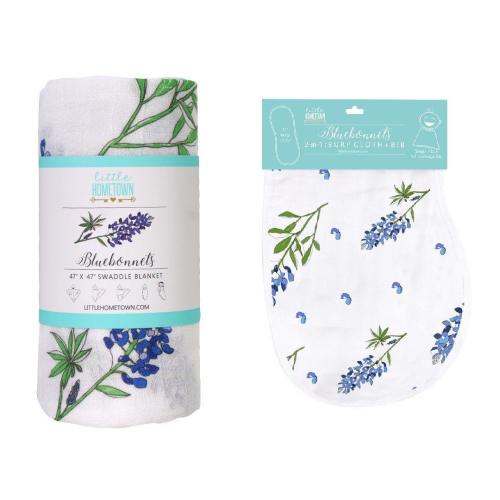 Gift Set: Bluebonnets Baby Muslin Swaddle Blanket and Burp Cloth/Bib Combo