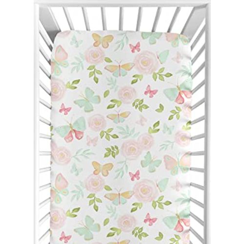 Sweet Jojo Designs Blush Pink, Mint and White Watercolor Rose Baby or Toddler Fitted Crib Sheet for Butterfly Floral Collection