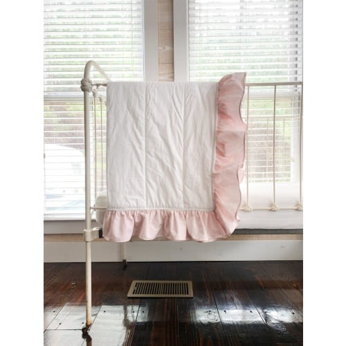 White and Baby Pink Ruffled Baby Crib Quilt | High Cotton Textile