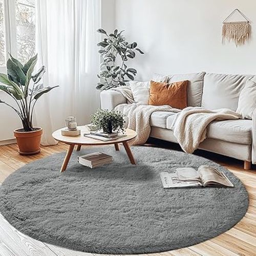 CAIYUECS Grey Round Fluffy Rug for Bedroom: Grey 5x5Feet Soft and Fluffy Area Rug for Living Room- Circle Fuzzy Bedroom Rugs- Gray Furry Plush Rug for Kids Room, Nursery (5ft, Gray)