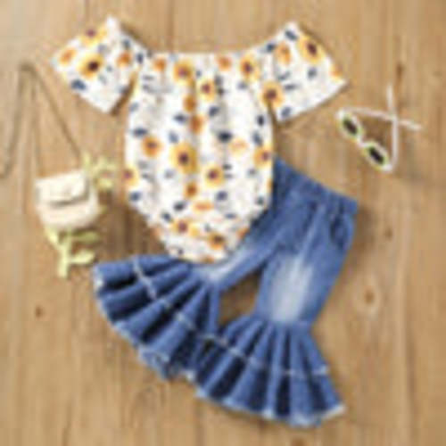 Floral Off Shoulder Onesie with Bell Bottom Jeans