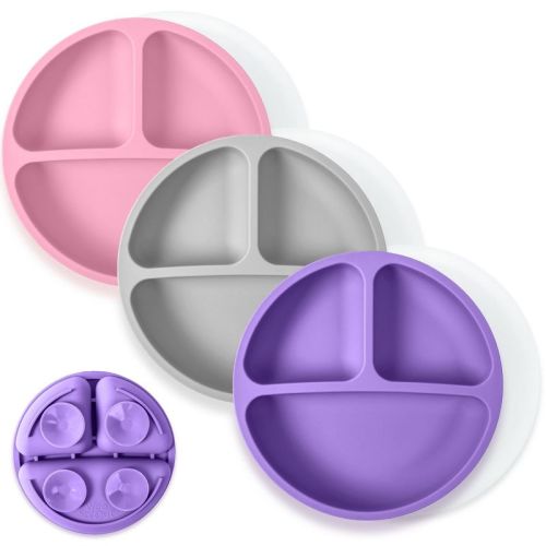 WeeSprout Suction Plates for Babies & Toddlers 100% Silicone Divided Design - With Lids, 3 Pack (Bright Pink, Purple & Grey)