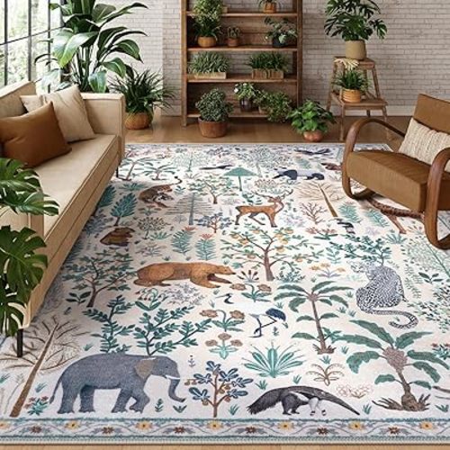 OJIA Jungle Living Room Rug 9x12 Washable Rugs for Bedroom, Ultra-Thin Modern Beige Non-Shedding Large Area Rug Playroom Rug Non-Slip Stain Resistant Accent Carpet for Kids Room Dining