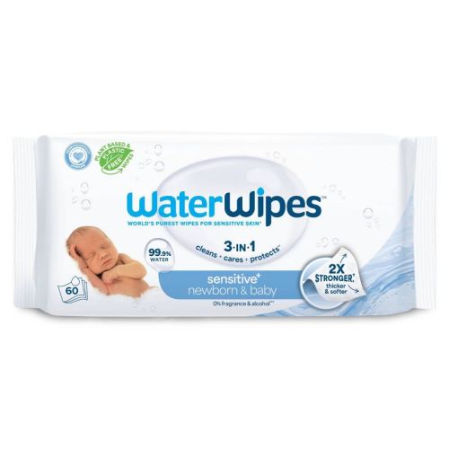 WaterWipes Sensitive+ Newborn & Baby Wipes, 3-In-1 Cleans, Cares, Protects, 99.9% Water, Unscented & Hypoallergenic - 60ct