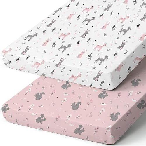 Pack n Play Sheets, BROLEX 2 Pack Mini Crib Sheets,Stretchy Portable Fitted Playard Sheet Set, Convertible Playard Mattress Cover,Ultra Soft Breathable Material,Squirrel&Deer - Squirrel&deer