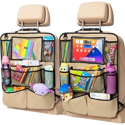 Backseat Car Organizer, Kick Mats Back Seat Protector with Touch Screen Tablet Holder, Back Seat Organizer for Kids, Travel Accessories with 9 Storage Pockets 2 Pack, Black